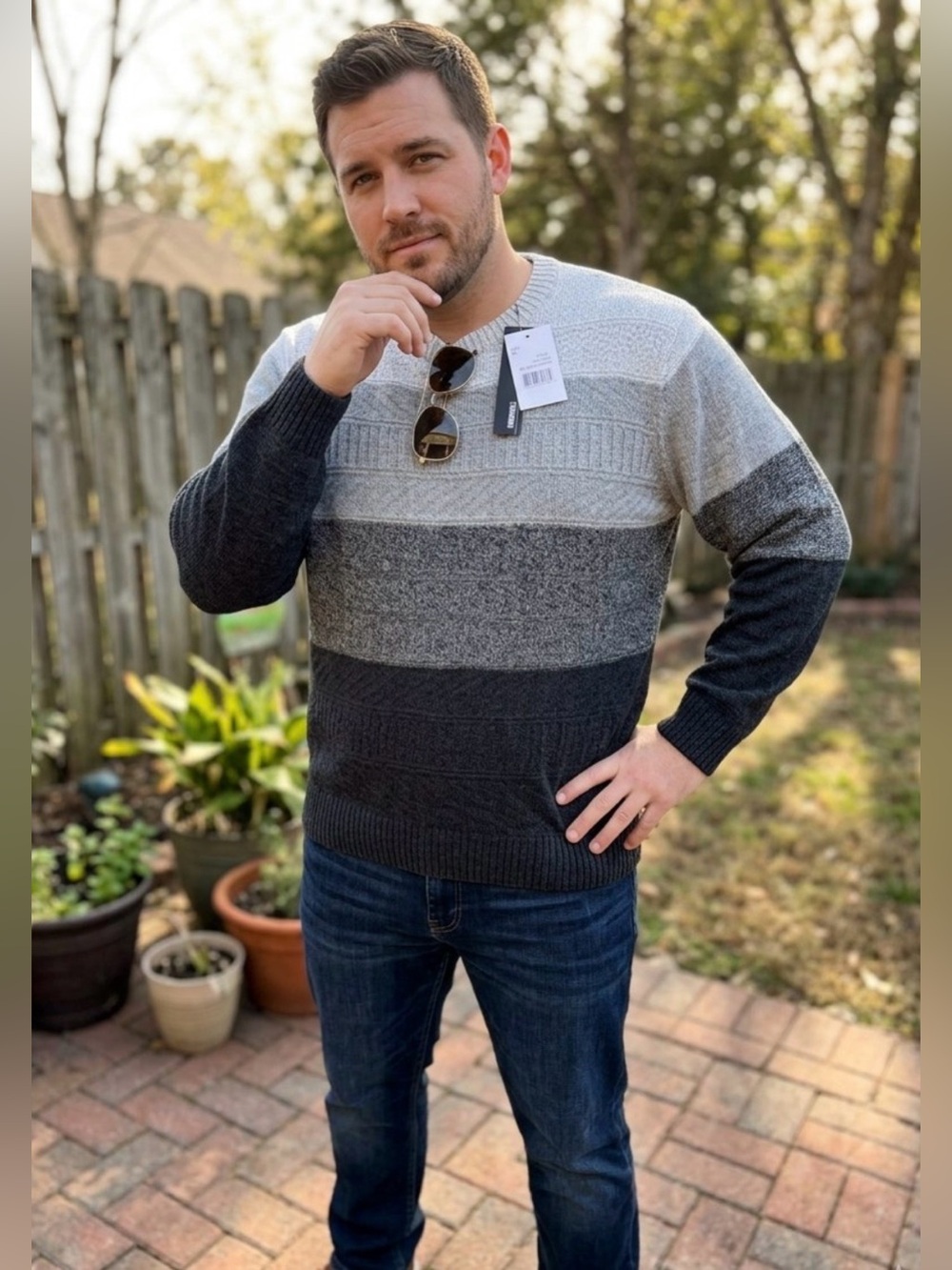 Men's Crewneck Striped Knit Sweater - Gray Multi